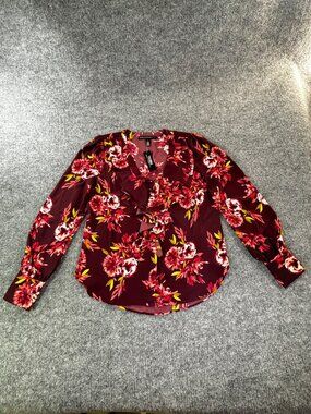 White House womens Small Black Market Burgandy Floral Women's Ruffle Blouse NWT